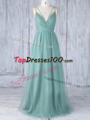 Suitable Sleeveless Tulle Floor Length Criss Cross Court Dresses for Sweet 16 in Green with Appliques