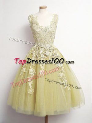 High End Yellow A-line Tulle V-neck Sleeveless Appliques Knee Length Lace Up Court Dresses for Sweet 16