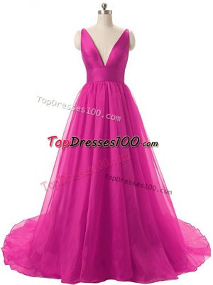 Fuchsia Evening Dress V-neck Sleeveless Brush Train Backless