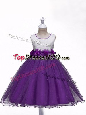Modern Purple Ball Gowns Lace and Hand Made Flower Girls Pageant Dresses Zipper Organza Sleeveless Knee Length