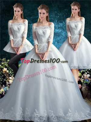 Low Price White Three Pieces Off The Shoulder Half Sleeves Tulle Court Train Clasp Handle Lace Wedding Dresses