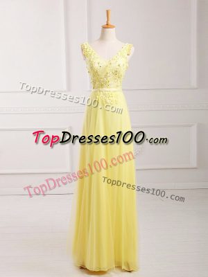 Empire Prom Party Dress Yellow V-neck Chiffon Sleeveless Floor Length Zipper
