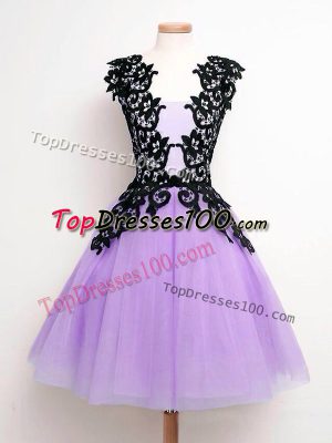 Lavender A-line Straps Sleeveless Tulle Knee Length Lace Up Lace Damas Dress