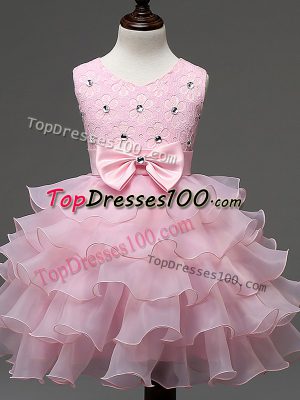 Admirable Baby Pink Ball Gowns Scoop Sleeveless Organza Knee Length Zipper Lace and Ruffled Layers and Bowknot Kids Formal Wear