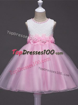 Tulle Sleeveless Knee Length Pageant Gowns For Girls and Lace and Hand Made Flower