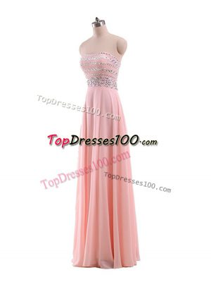 Pink Chiffon Zipper Strapless Sleeveless Floor Length Prom Party Dress Beading