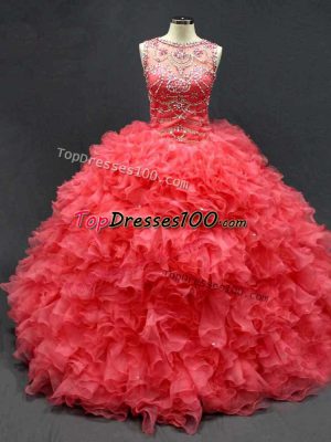 Coral Red Sleeveless Beading and Ruffles Floor Length Quinceanera Gown