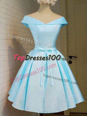 Aqua Blue A-line Belt Bridesmaid Gown Lace Up Taffeta Cap Sleeves Knee Length