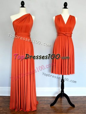 Delicate One Shoulder Sleeveless Wedding Party Dress Floor Length Ruching Orange Red Chiffon