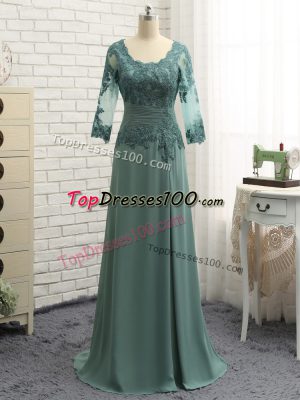 Chiffon Scalloped Long Sleeves Zipper Lace and Appliques and Ruching Mother of Bride Dresses in Green