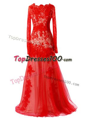 Fabulous Red Tulle Zipper Scalloped Sleeveless Floor Length Formal Evening Gowns Beading and Lace