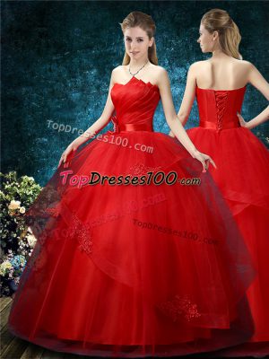 Best Ball Gowns Wedding Dresses Red Off The Shoulder Organza Sleeveless Floor Length Lace Up