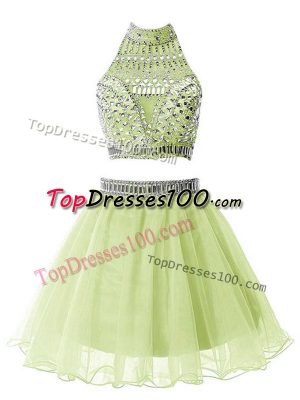 High-neck Sleeveless Wedding Party Dress Knee Length Beading Yellow Green Organza