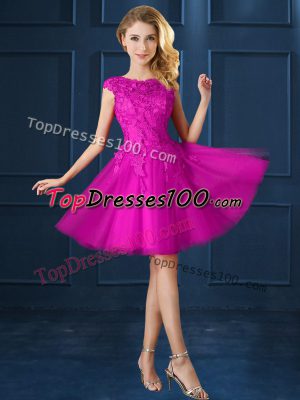 Fuchsia Cap Sleeves Lace and Belt Knee Length Bridesmaids Dress