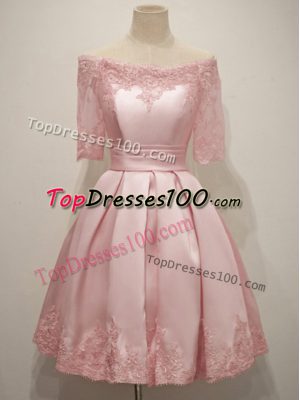 Elegant Pink Lace Up Vestidos de Damas Lace Half Sleeves Knee Length