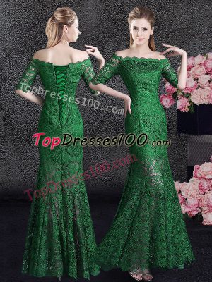 Artistic Mermaid Floor Length Green Mother of the Bride Dress Off The Shoulder Half Sleeves Lace Up