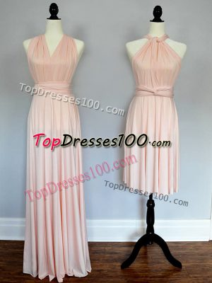 Floor Length Baby Pink and Peach Quinceanera Court of Honor Dress Chiffon Sleeveless Ruching