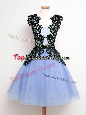 Customized Light Blue A-line Straps Sleeveless Tulle Knee Length Lace Up Lace Wedding Party Dress