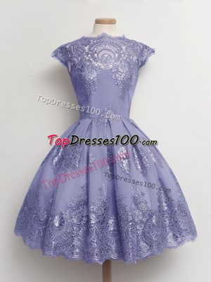 A-line Bridesmaid Dress Lavender Scalloped Tulle Cap Sleeves Knee Length Lace Up