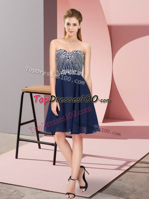 Luxurious Navy Blue Chiffon Lace Up Sweetheart Sleeveless Knee Length Prom Party Dress Beading