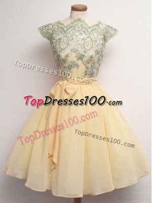 Knee Length Champagne Dama Dress Scalloped Cap Sleeves Lace Up