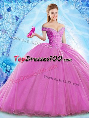 Inexpensive Lilac Ball Gowns Organza Off The Shoulder Sleeveless Beading Lace Up Quinceanera Dress Brush Train