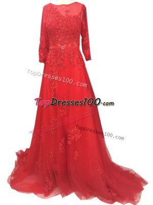 Brush Train A-line Prom Dresses Red Bateau Tulle Long Sleeves Zipper