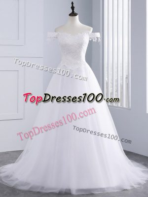 Charming White Sleeveless Lace and Appliques Lace Up Wedding Gown