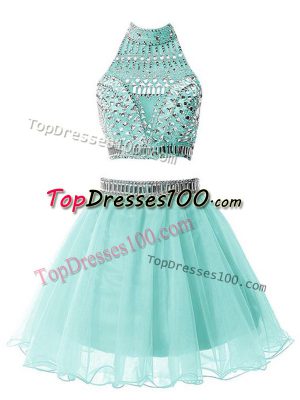 Edgy Light Blue Zipper Quinceanera Court of Honor Dress Beading Sleeveless Knee Length