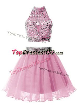 Sleeveless Organza Knee Length Zipper Bridesmaid Dresses in Lilac with Beading
