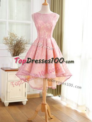 Exceptional Bateau Sleeveless Evening Party Dresses High Low Lace and Appliques Pink Lace