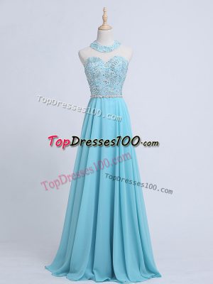 Fashionable Aqua Blue Zipper Evening Gowns Beading Sleeveless