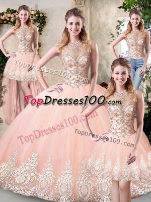 Beauteous Floor Length Three Pieces Sleeveless Peach Quinceanera Dresses Backless