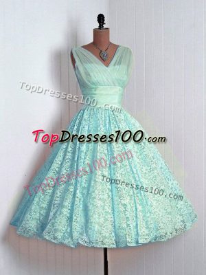 V-neck Sleeveless Lace Up Bridesmaid Dresses Aqua Blue Lace