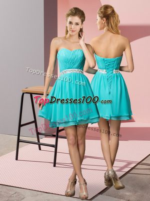 Attractive Aqua Blue Empire Beading Homecoming Dress Lace Up Chiffon Sleeveless Mini Length