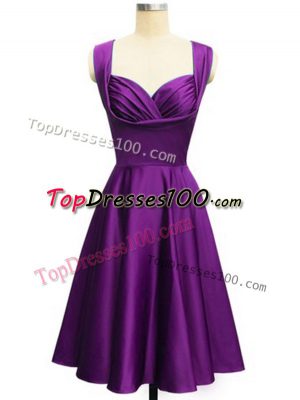 Classical Straps Sleeveless Quinceanera Dama Dress Knee Length Ruching Eggplant Purple Taffeta