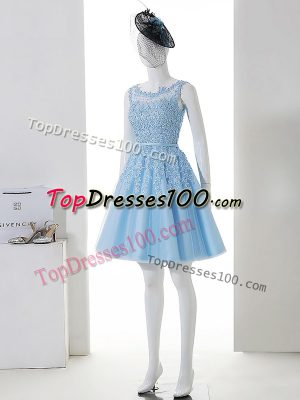 Baby Blue Sleeveless Mini Length Lace Zipper Vestidos de Damas