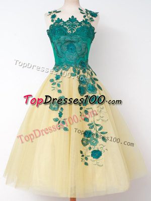 Gold Sleeveless Tulle Lace Up Bridesmaid Gown for Prom and Party and Wedding Party