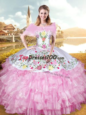 Organza Sleeveless Floor Length Sweet 16 Dress and Embroidery and Ruffled Layers