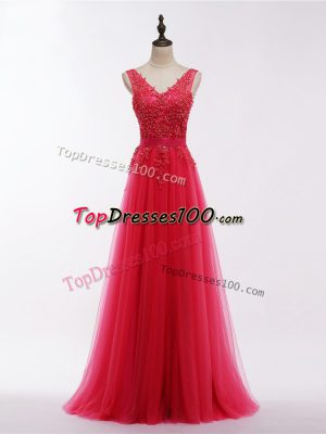 Fantastic Coral Red Backless Prom Evening Gown Lace and Appliques Sleeveless Floor Length