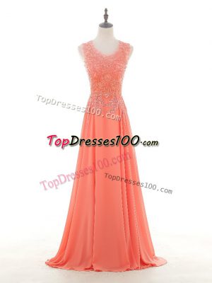 Scoop Sleeveless Chiffon Evening Dresses Lace and Appliques Zipper