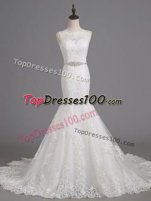 Popular Scoop Sleeveless Wedding Dress Brush Train Beading and Lace White Tulle