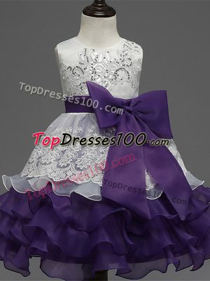 Most Popular Tea Length Zipper Child Pageant Dress White And Purple for Wedding Party with Lace and Ruffled Layers and Bowknot