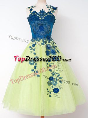 New Style Sleeveless Knee Length Appliques Zipper Wedding Guest Dresses with Yellow Green