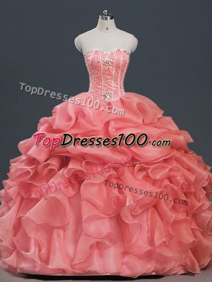 Watermelon Red Sweetheart Lace Up Beading and Ruffles and Pick Ups Quinceanera Gown Sleeveless