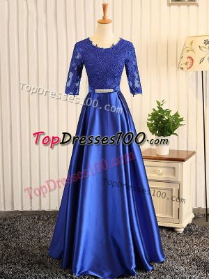 Edgy Blue Prom Dress Prom and Party and Sweet 16 with Embroidery and Belt Scoop Half Sleeves Zipper