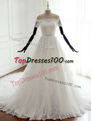 Great Sleeveless Lace Lace Up Bridal Gown with White Court Train