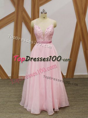 Beautiful V-neck Sleeveless Zipper Prom Party Dress Baby Pink Chiffon