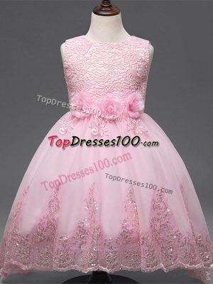 Baby Pink Ball Gowns Lace and Appliques and Bowknot and Hand Made Flower Little Girl Pageant Gowns Zipper Tulle Sleeveless High Low