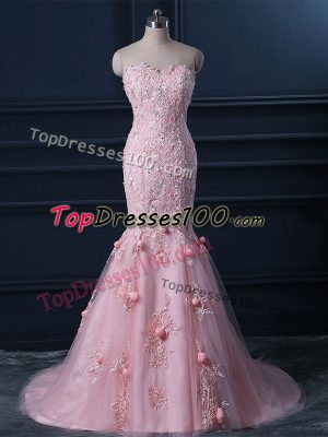 Tulle Sleeveless Homecoming Dress Brush Train and Appliques and Hand Made Flower